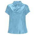 thumbnail image 6 of dazeni Women's Elegant Cowl Neck Satin Shirts Smooth Short Sleeve Lapel Business Blouses Casual Office Work Dressy Tops Light Blue X-Large, 6 of 8