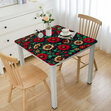 HAOXIT Geraniums Square Tablecloth, Hand Drawing Victorian Style Flowers with Branches and Leaves Print, Circle Table Cloth Cover for Dining Room Kitchen Decoration, Multicolor 60''x60''
