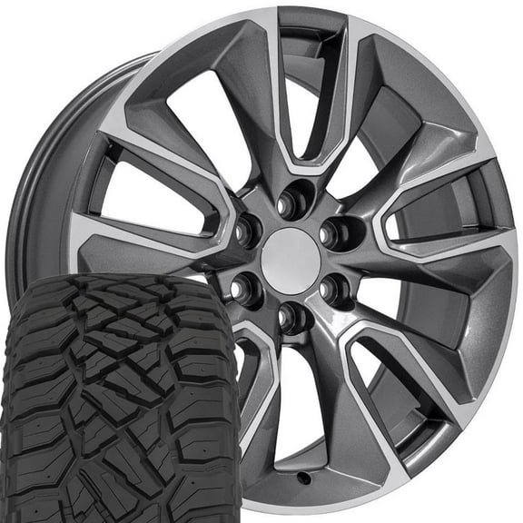 OE Wheels CV32 22 Inch Rims and Tires Fit Silverado 1500 Style 6x139.7 22x9 Gloss Gunmetal Machined - Hollander 5916 - TerraMax RT 285/45-22 (Set of 4)