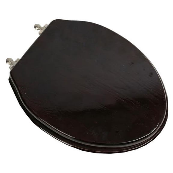 Plumbing Technologies 5F1E2-18BN Designer Solid Elongated Oak Wood Toilet Seat with Brushed Nickel Hinges- Dark Brown Oak