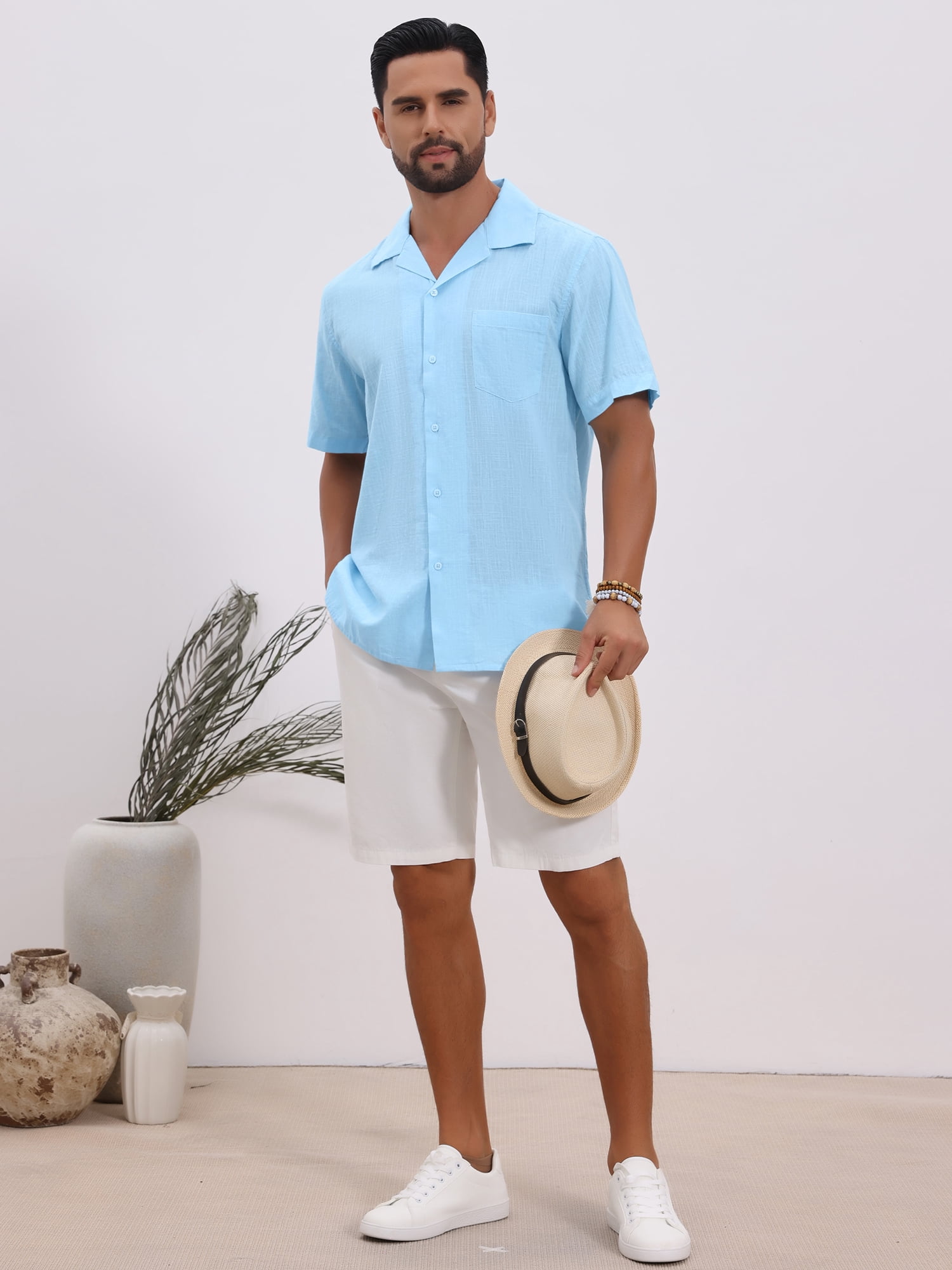DARING DIVA Men's Camp Collar Button Down Short Sleeve Cotton Shirts S Light Blue