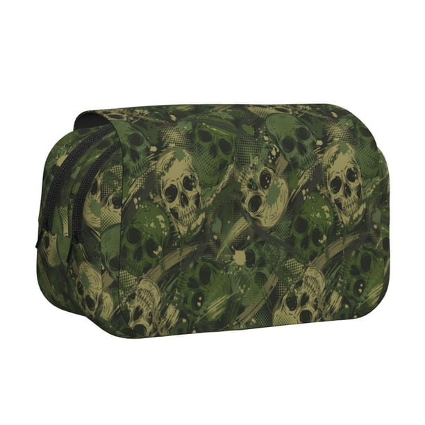 Disketp Green Camouflage Skull Estuche de Lápices de Doble Capa con Tapa Abatible y Cremallera, Organizador Escolar para Adolescentes y Adultos