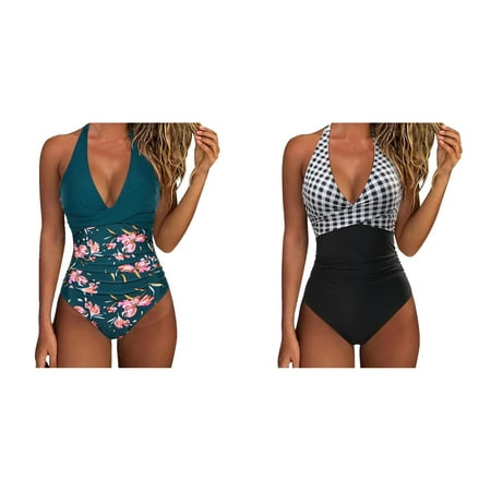 2 Pack(White & Mint Green) New Swimsuit with Multi Tropical Two-Piece Swimsuit Color Print Splicing Backless Long Shorts Hanging Neck Strap Women s Bikini Thong
