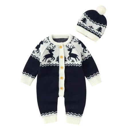 

nsendm Holiday Toddler Outfit Boy Deer Jumpsuit Baby Cotton Hat Xmas Sweater Knitted Girls Outfits Kids Hoodie Boys Blue 3-6 Months