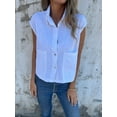 thumbnail image 5 of SCSAlgin Womens Button Down Shirts Short Cap Sleeve Summer Cotton Linen V Neck Collared Blouses Casual Tops, 5 of 7