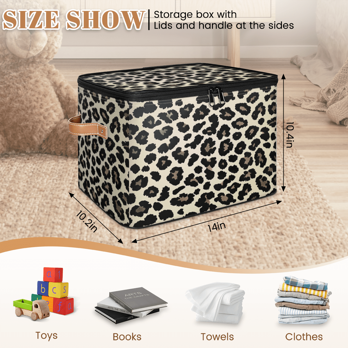 ADECORIVY Black Cream Leopard Print Storage Bin with Zipper Lid, Fabric Foldable Shelf Baskets Boxes, Closet Lidded Storage Bins, Decorative Clothes Organizer for Bedroom Home