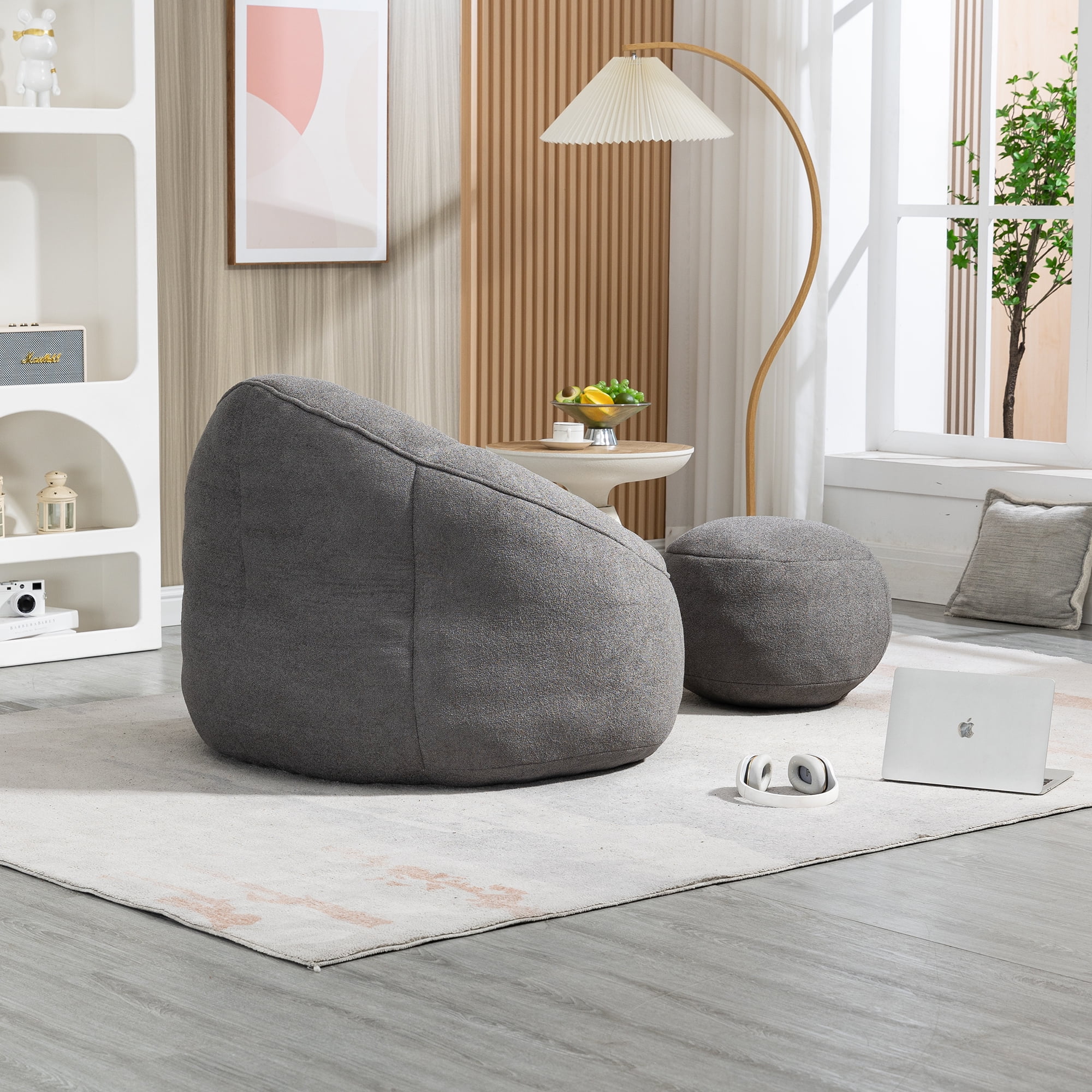 Bean Bag Chair, Comfy Bean Bag Sofa with Back Support and Footrest, Bean Bag Chair for Adults and Kids, Stuffed Floor Sofa for Living Room, Bedroom, Apartment, Gray