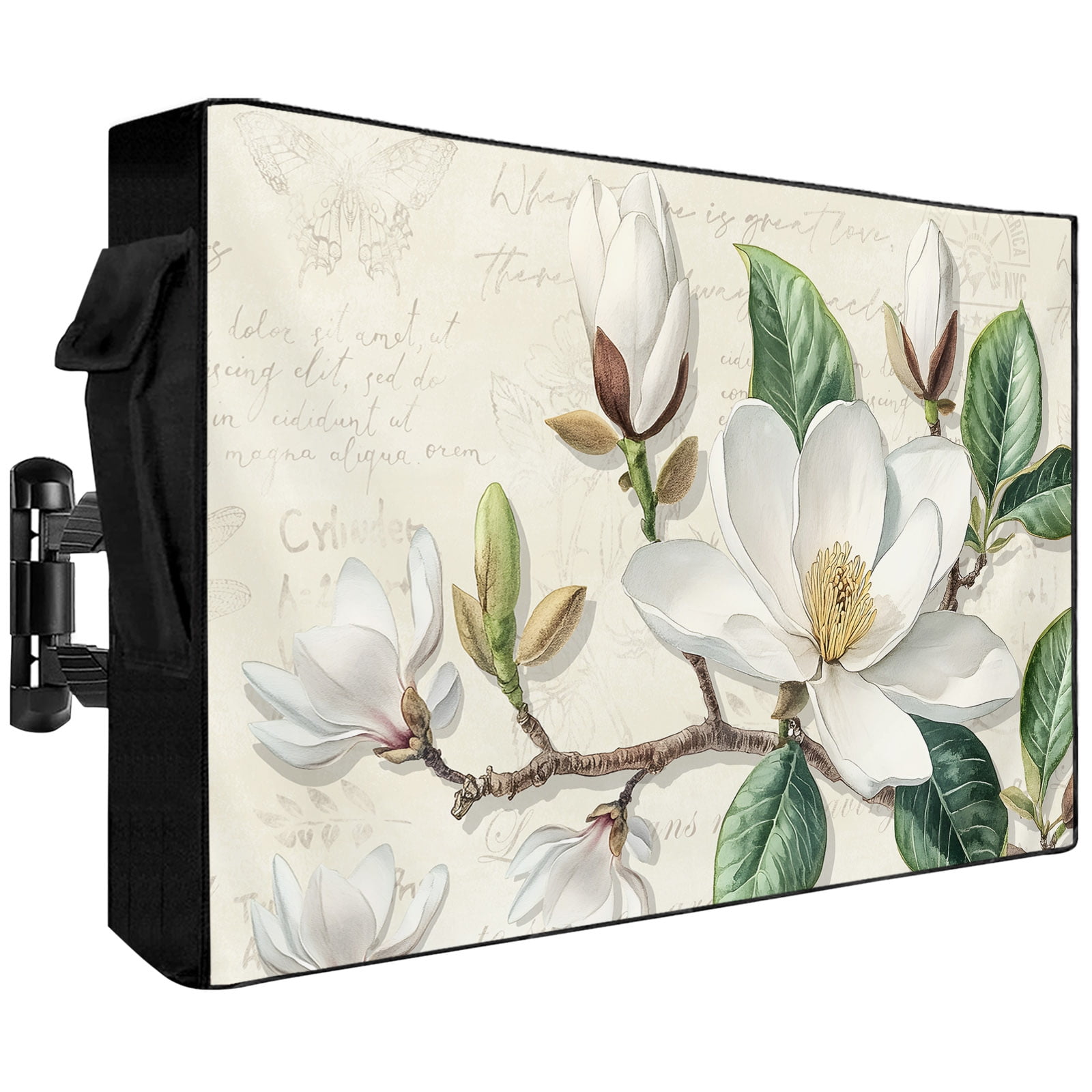Outdoor TV Cover Farmhouse Magnolia Flowers on Letter Weatherproof Waterproof Outside TV Protector with Zipper,Vintage Floral Smart Television Screen Cover for 60 to 65Inch Screens