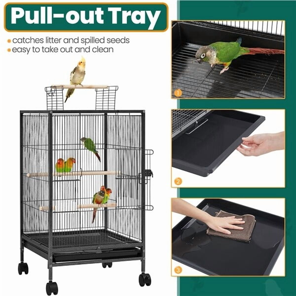 FASCK 36-Inch Sturdy Wrought Iron Bird Flight Open Play Top Cage with Rolling Stand for Parrots Conure Lovebird Cockatiel