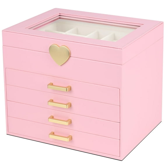 Kendal Jewelry Box, 5-Layer Jewelry Organizer Box with Glass Lid, Pink, Heart Shaped PU Leather, Storage Box for Necklace Earrings Rings Bracelets, Gift Idea for Girls