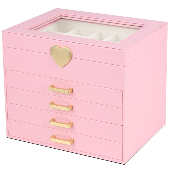 Caja de Joyas Kendal Rosa Organizador de 5 Capas con Tapa de Vidrio