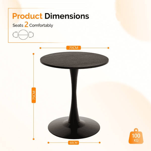 Round Tulip Dining Table, 27.6 Inch Circular Kitchen Table for 2 People, Melamine Laminated MDF Tabletop with Metal Pedestal Base, Easy Assembly Breakfast Table for Dining Room, Apartment, Black