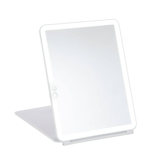 Slim Pad Mirror with Dimmable Led Lights and Rechargeable Battery.    Stand Doubles as a Cover for the Mirror to Keep It Safe While Traveling.