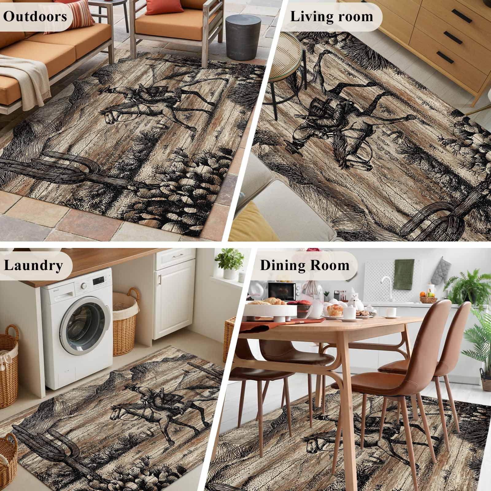 Area Rugs for Living Room Bedroom, Brown Western Farmhouse 4'x6' Rug Washable Carpet Runner Indoor Outdoor, Vintage Cowboys Cactus Non Slip Accent Floor Mats Rug for Kitchen, Office