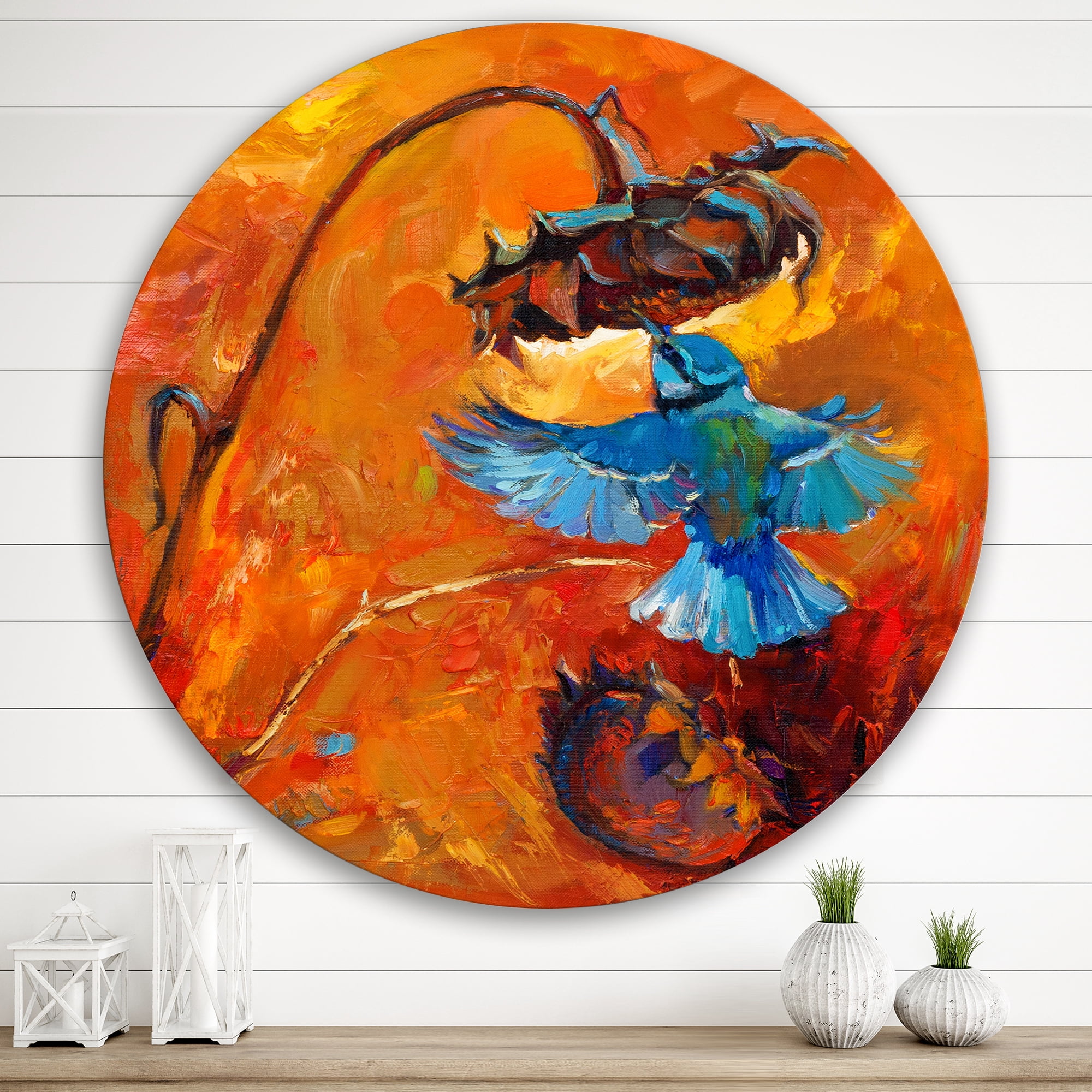 Designart 'Blue Hummingbird On Orange Sunflower' Traditional Circle Metal Wall Art 36x36 - Disc of 36