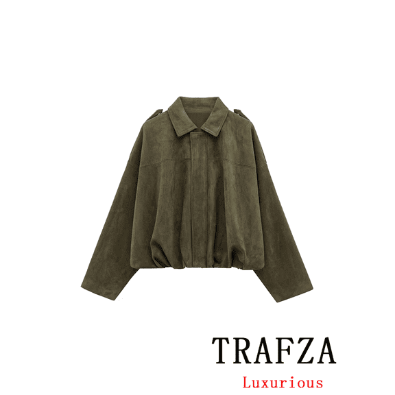 TRAFZA Casual Soft Bomber Jackets Women Long Lantern Sleeve Oversized Spring Summer Coats Fashion 2025 Streetwear Zipper Outwear XHY