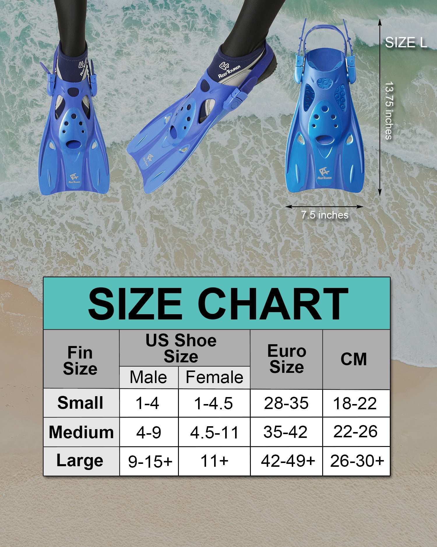 Reef Tourer Snorkel Fins for Kids and Adults, Adjustable Open Heel, Compact Short Blade Swimming Snorkeling Flippers, Travel Size, RF0106P, Blue, Large
