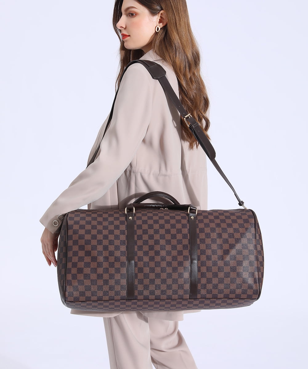 MK Gdledy Checkered Travel PU Leather Weekender Overnight Duffel Bag  Shoulder tote Handbag Travel Gym Bag Mens Women (White Checkered) Ladies  Gift 