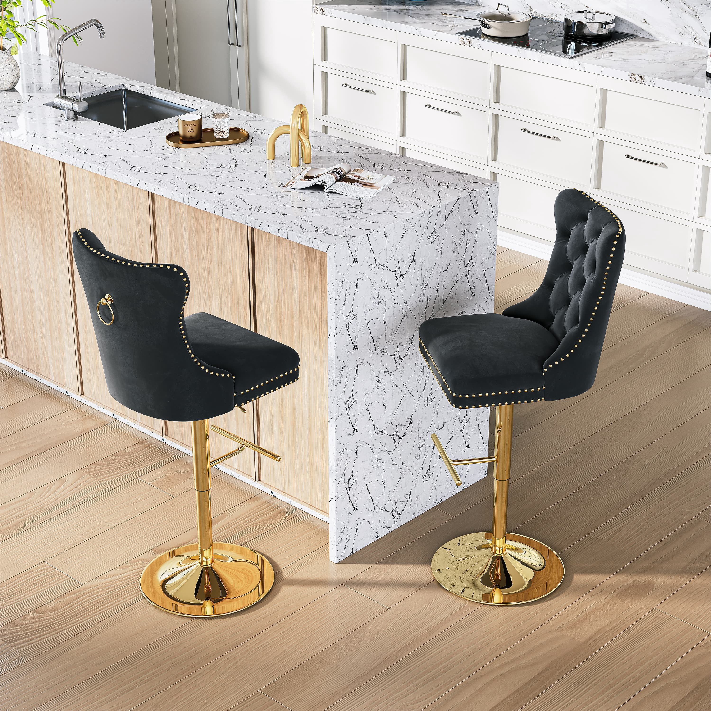 Modern Velvet Bar Stools Set of 2 Adjustable Swivel Counter Height Chairs with Upholstered Back and Nailhead Trim for Home Pub Kitchen Island