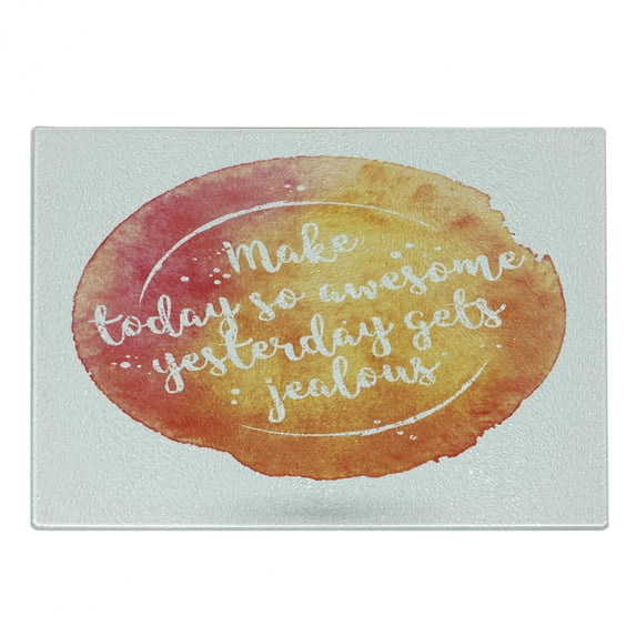 Saying Cutting Board, Message on Grunge Vibrant Background Happiness, Decorative Tempered Glass Cutting and Serving Board, Small Size, Dark Coral Orange Yellow, by Ambesonne