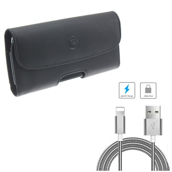 Leather Case Belt Clip w 3ft Metal USB Cable for iPhone XS Max/8 PLUS/7 Plus/6S Plus/6 Plus - Holster Cover Loops Pouch Carry and Charger Cord Power Wire Sync Fast Charge