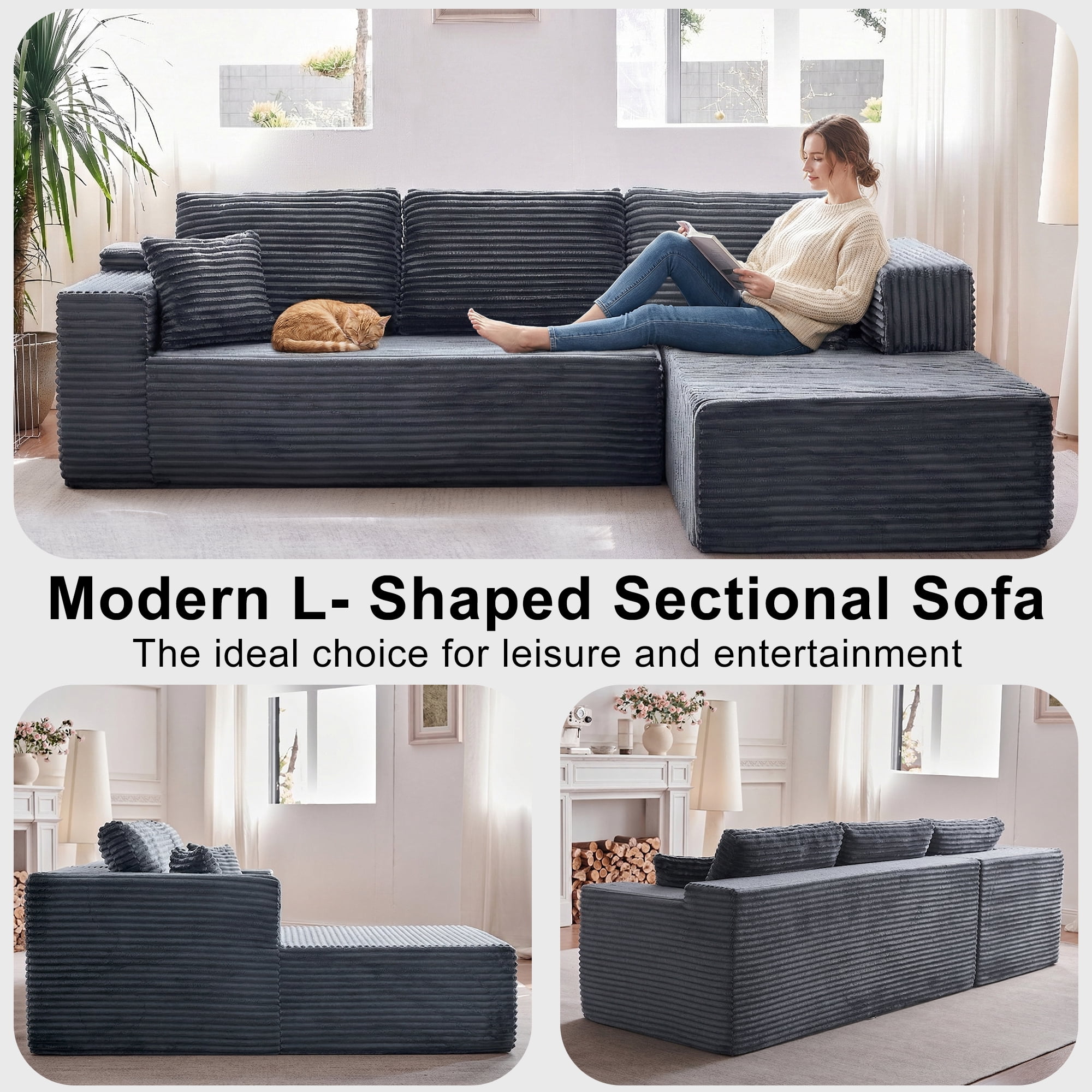 Actoroom 106" Modular Sectional Couch, L-Shape Boneless Cloud Couch, 4 in 1 Convertible Upholstered Sofa for Living Room, Grey