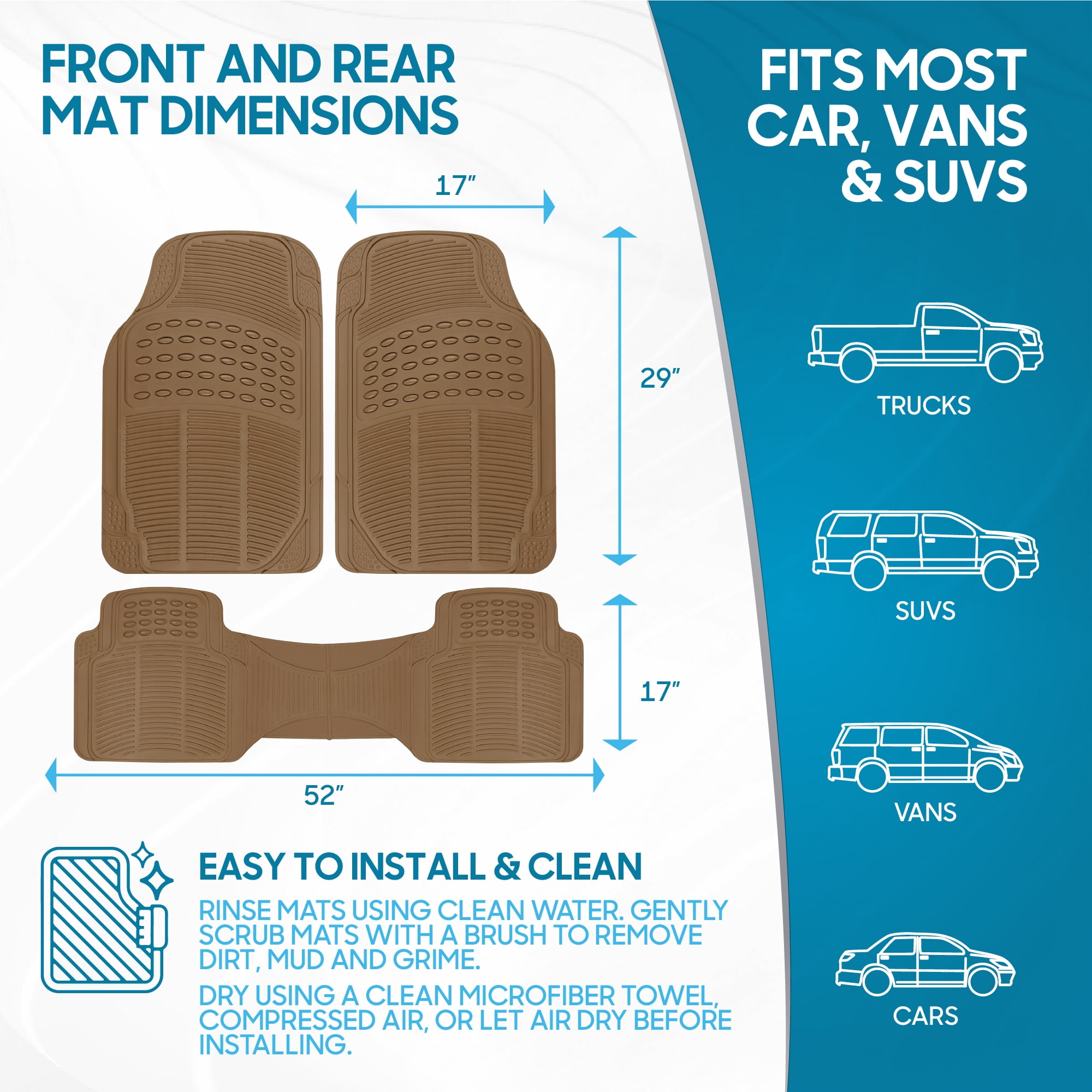 BDK Universal Fit 3-Piece Heavy Duty Rubber Floor Mat Set - (Beige)