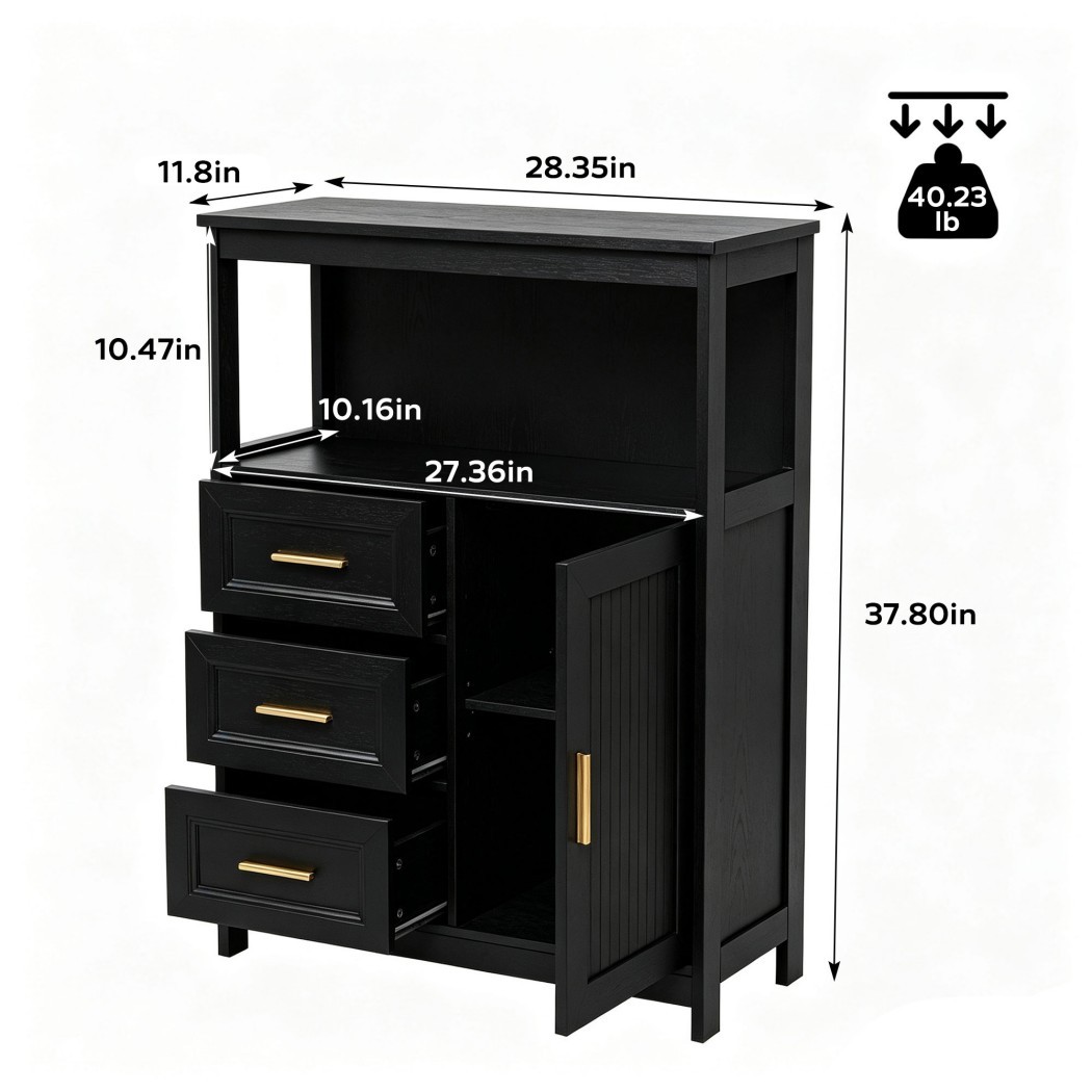 Modern Buffet Cabinet, Kitchen Storage Cabinet with 3 Drawers & 1 Door, Sideboard Cabinet with Wide Countertop for Dining Room, Living Room, Entryway & Bathroom, Black