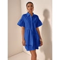 thumbnail image 6 of Royal Blue Solid Color Front Button Ruffle Hem Short Sleeve Vacation Dress, 6 of 7