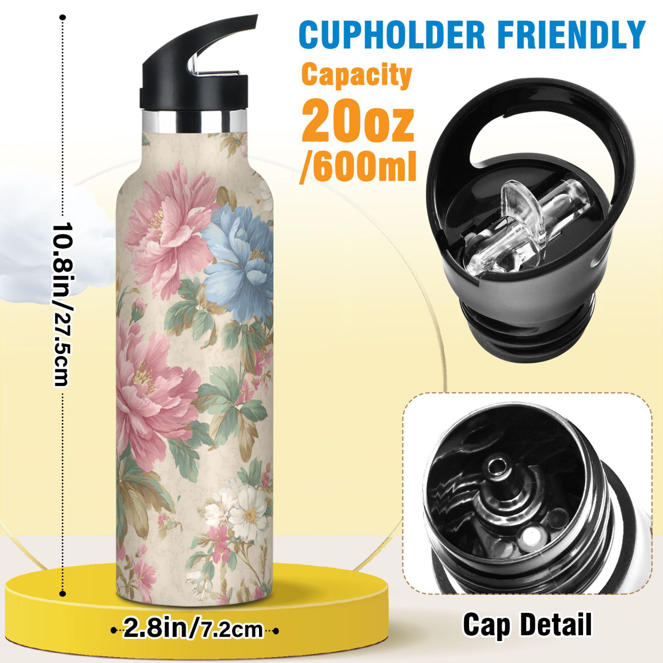 Kids Insulated Stainless Steel Sports Water Bottle 600ml (20oz) Pastel Pink and Blue Floral