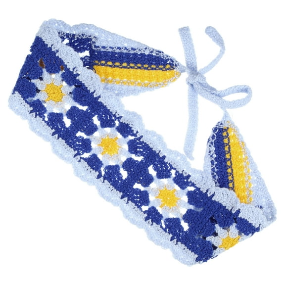Unique Bargains 1 Pc Cute Hollow Lace Up Knitted Crochet Headwrap for Women 20.87"x3.15" Blue