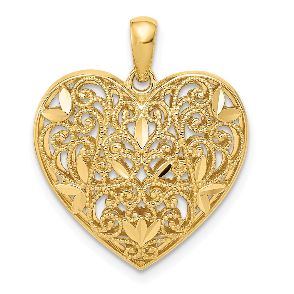 Mia Diamonds K Yellow Gold Diamond Cut Polished Filigree Heart Pendant Walmart Com