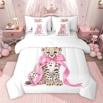 Homewish Boys Girls Kawaii Pink Ribbon Bow Bedding Comforter Set 7 Pieces,Animal Leopard Full Bedding Set Lightweight,Cartoon Cheetah Fitted Sheet Flat Sheet,Breathable Home Decor,Reversible