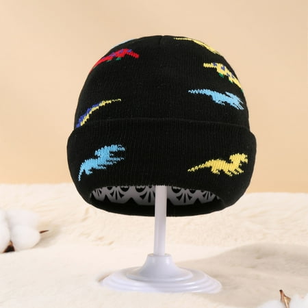 

kpoplk Winter Hats For Girls Infant Wool Knitted Cap Cartoon Dinosaur Embroidered Children s Knitted Cap Wool Baby Overhead Hat(Black)