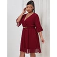 thumbnail image 2 of Plus Size Women Burgundy Chiffon Wrap Dress V Neck 3/4 Ruffle Flare Sleeve Gold Buckle Belt Asymmetric Hem Elegant Party Dress, 2 of 3