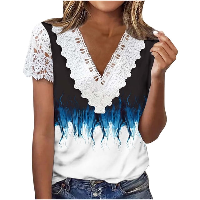 Women's Printed V Neck Short Sleeve Top, Lace Print Blouse, Regular Fit for Home Leisure, Outdoor Activities, Mild Sports
