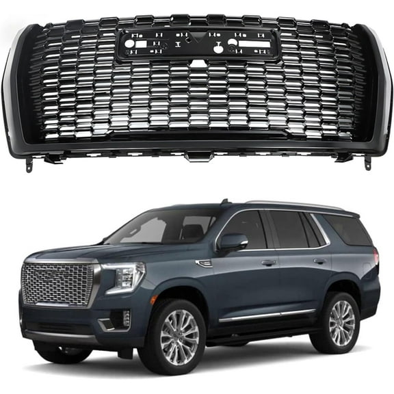 labwork Front Bumper Grille Glossy Black Replacement for 2021 2022 GMC Yukon/Yukon XL Denali Style