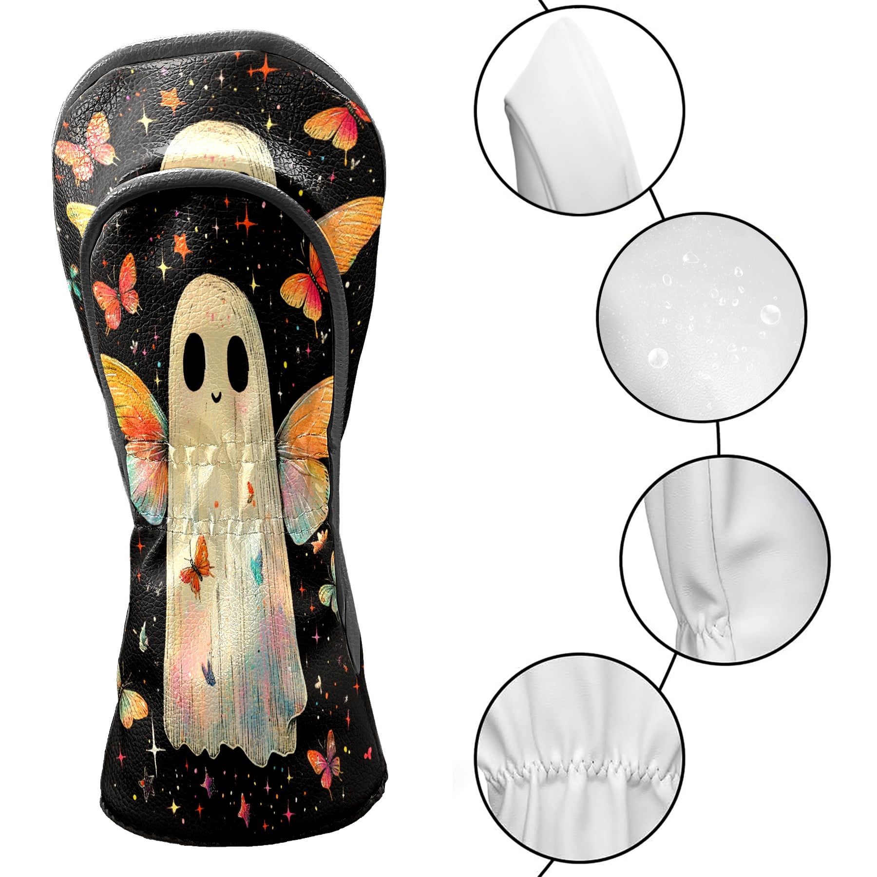 Golf Club Head Covers Colorful Ghost Butterfly for Driver and Fairway Woods, Premium PU Leather, Waterproof, Velvet Lining, Unisex Golf Gift