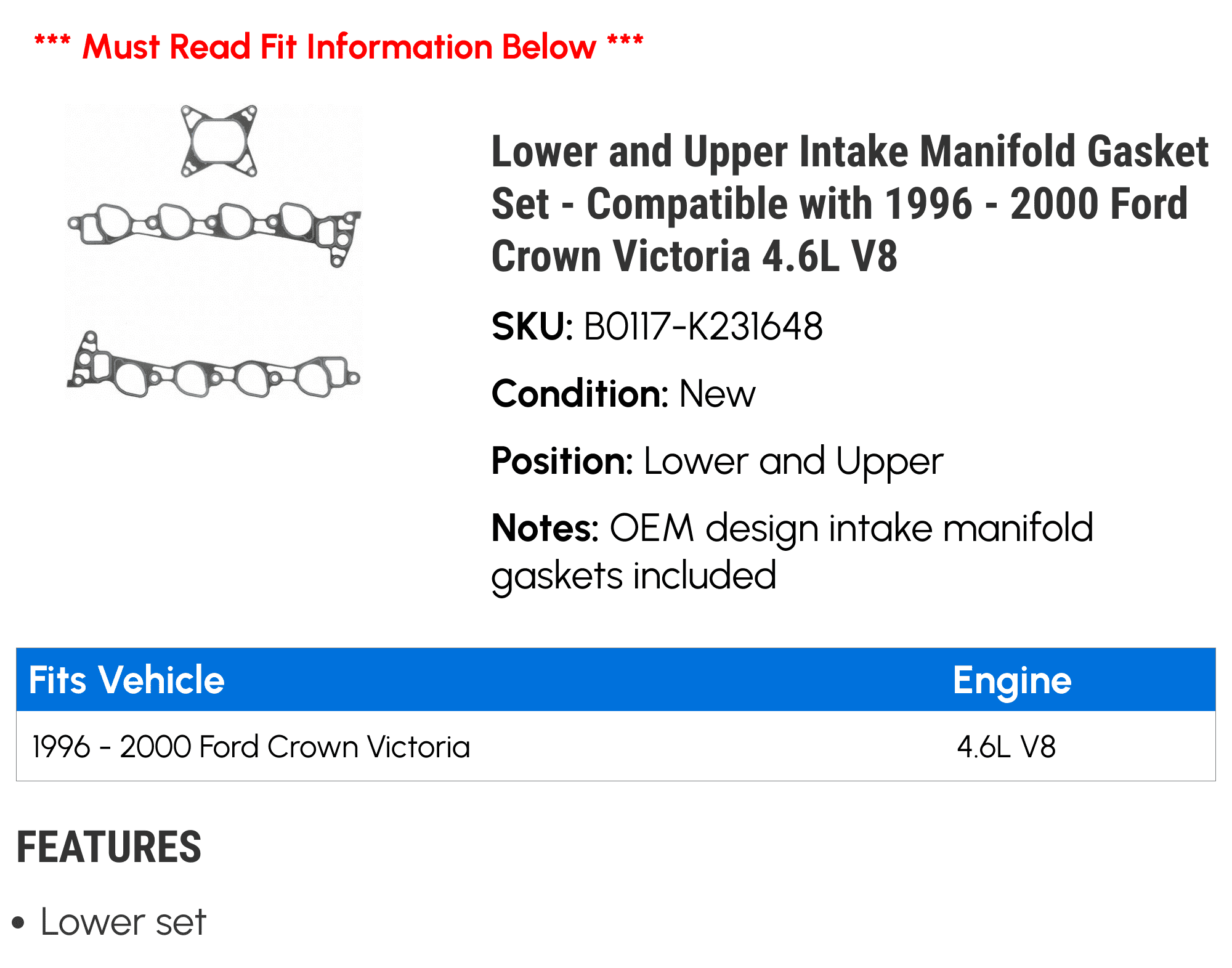 Lower and Upper Intake Manifold Gasket Set - Compatible with 1996 - 2000 Ford Crown Victoria 4.6L V8 1997 1998 1999