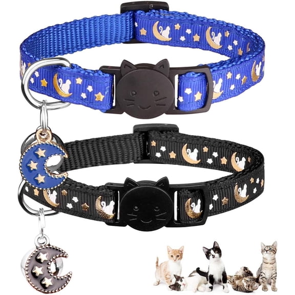 Minzimin 2Pcs Breakaway Cats Collars Cat Collars for Boy & Girl Cats Moons Adjustable Kitten Collars with Bell & Pendant Glow in The Dark
