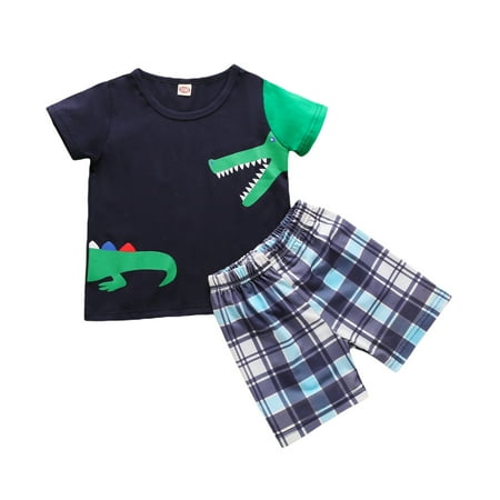 

One opening Toddler Boy s O-neck Short Sleeve Shirt + Plaid Printing Pants Set