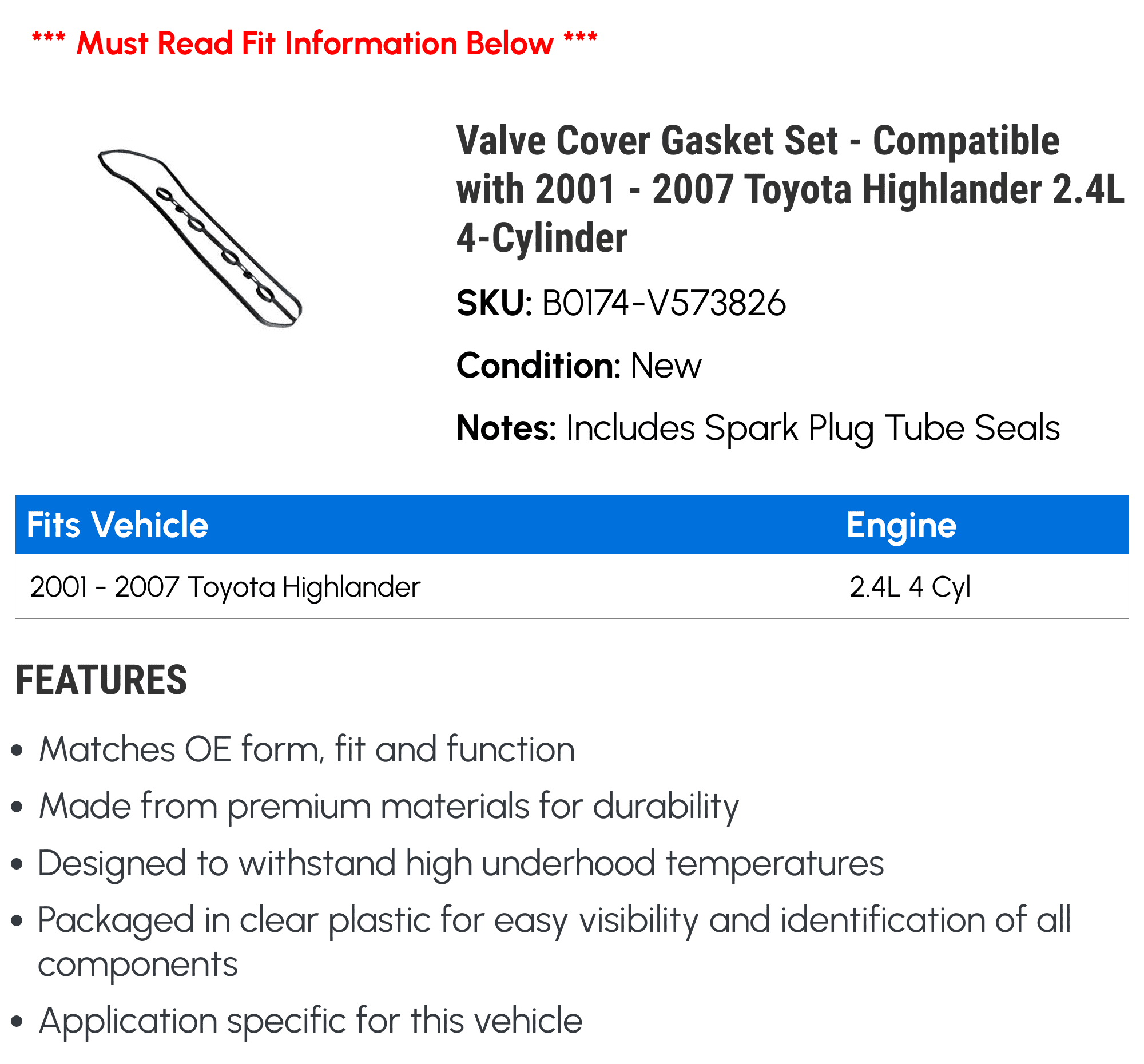 Valve Cover Gasket Set - Compatible with 2001 - 2007 Toyota Highlander 2.4L 4-Cylinder - Beck Arnley