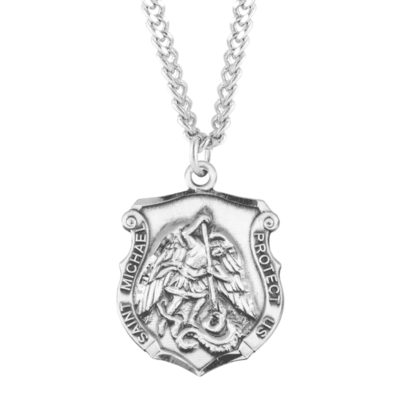 Saint Michael Sterling Silver Badge Medal, Archangel Law Enforcement Shield, 24" Rhodium Plated Stainless Steel Chain, Deluxe Gift Box