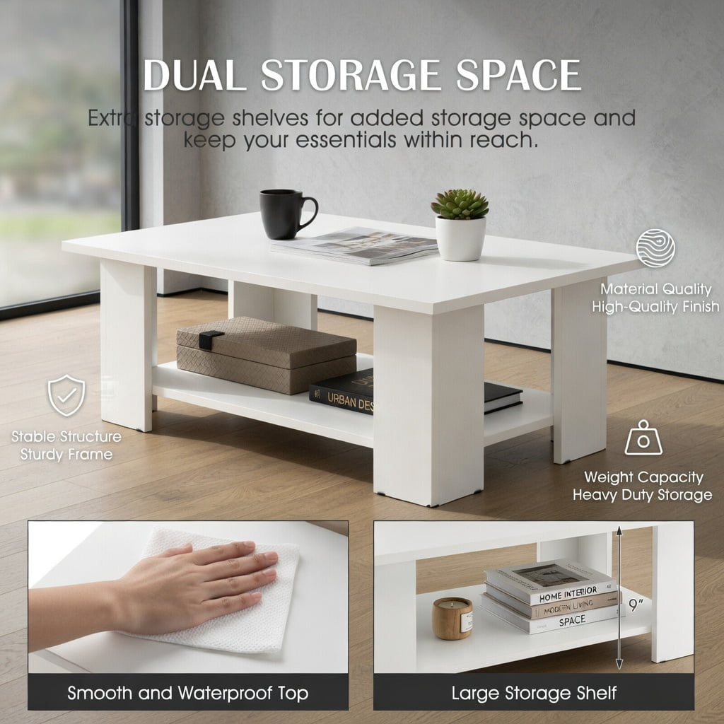 Demi Bonn 36" Wooden Coffee Table, Large 2-tier Modern Side Table with Storage Shelf for Living Room, Reception Room, White