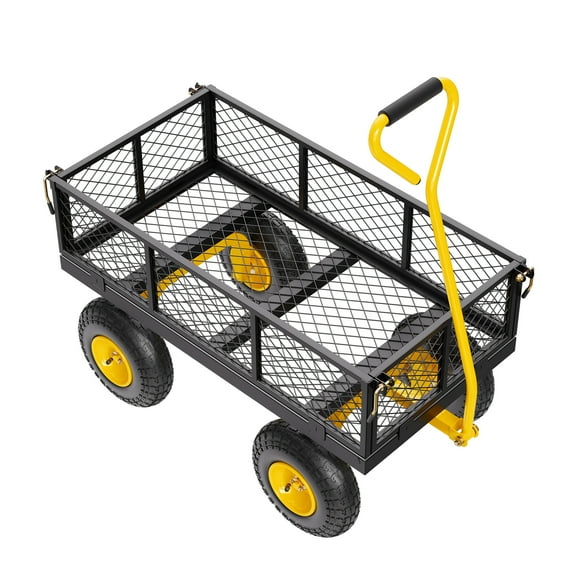 KFFKFF Mesh Steel Garden Cart 500 Lbs, Metal Garden Trolley 33.9 x 18.9 " Outdoor Utility Cart with 10" All Ground Tires, Detachable Mesh Sides, 180°Swiveling Handle