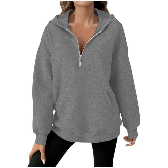 Annhoo Women's Solid Color Quarter Zip Loose Long Sleeve Tunic Blouses Hooded Pocket Casual Tops Trendy Sweatshirts