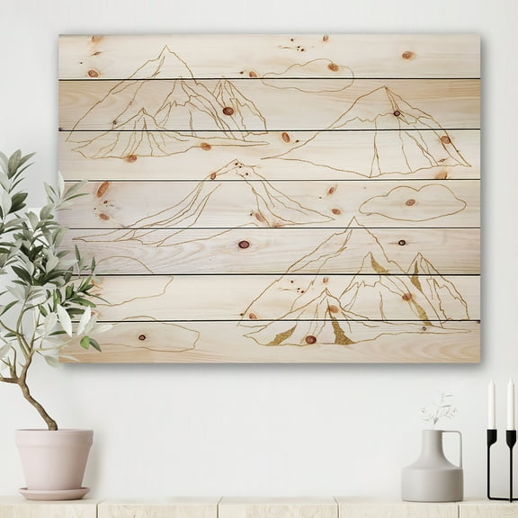 Designart 'Minimalistic Gold Linear Set Of Clouds and Mountains' Modern Print on Natural Pine Wood