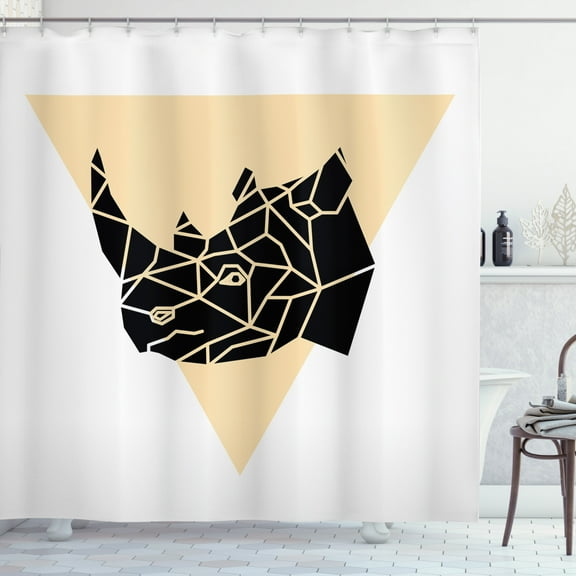 Rhino Shower Curtain, Angular Animal Motif with Triangle Background Modern Graphics, Fabric Bathroom Set with Hooks, 69W X 70L Inches, White Beige and Charcoal Grey, by Ambesonne