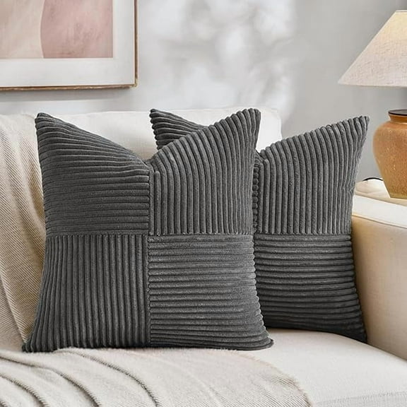2 Packs Dark Gray Samll Decorative Throw Pillow Covers 14x14 Inch with for Couch Bed Sofa, Rustic Farmhouse Boho Home Decor, Soft Corss Patchwork Corduroy Square Cushion Case 35x35 cm