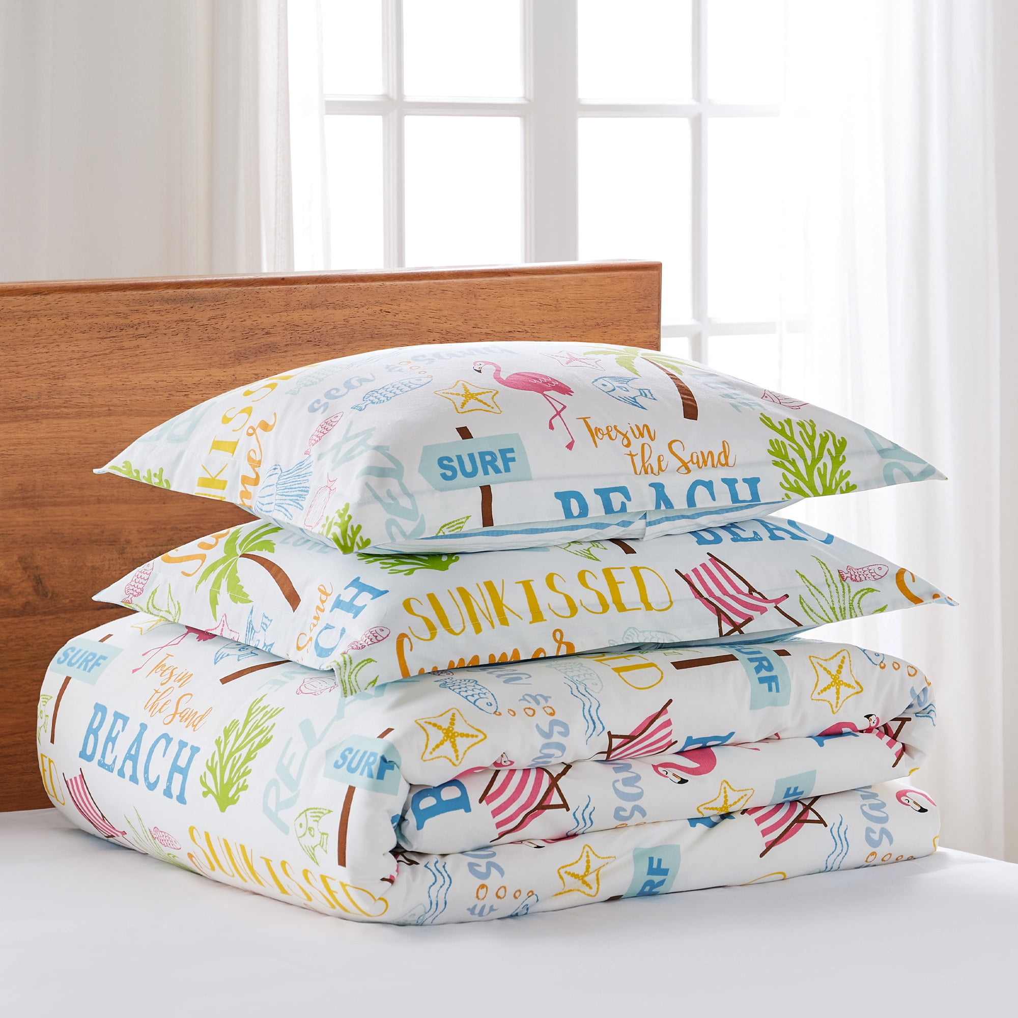 Levtex Home - Beach Days Duvet Cover Set - Twin Duvet Cover (68 x 88in.) + One Standard Pillow Case (26 x 20in.)- Coastal Beach - Teal Blue Yellow Green Brown Pink - Cotton